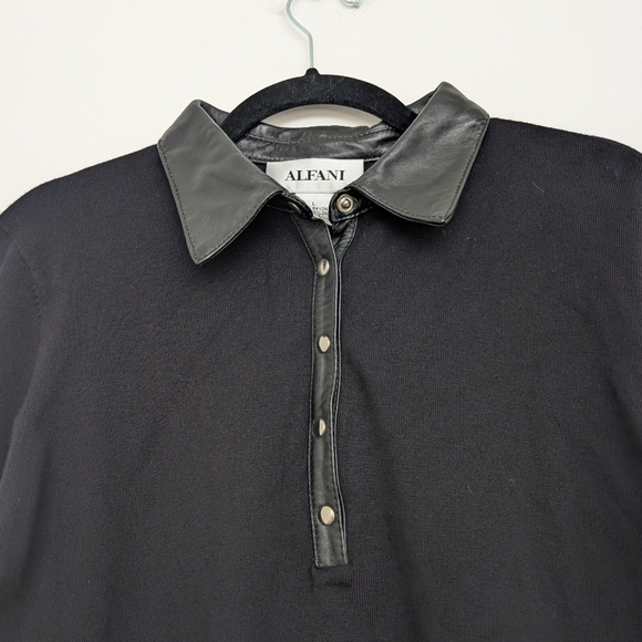Vintage Leather Trim Alfani Black Long Sleeve Snap Button Polo Shirt Sz L - Picture 2 of 15